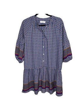 Peach Love California Dress Small Blue Boho Mini Puff Sleeve Festival